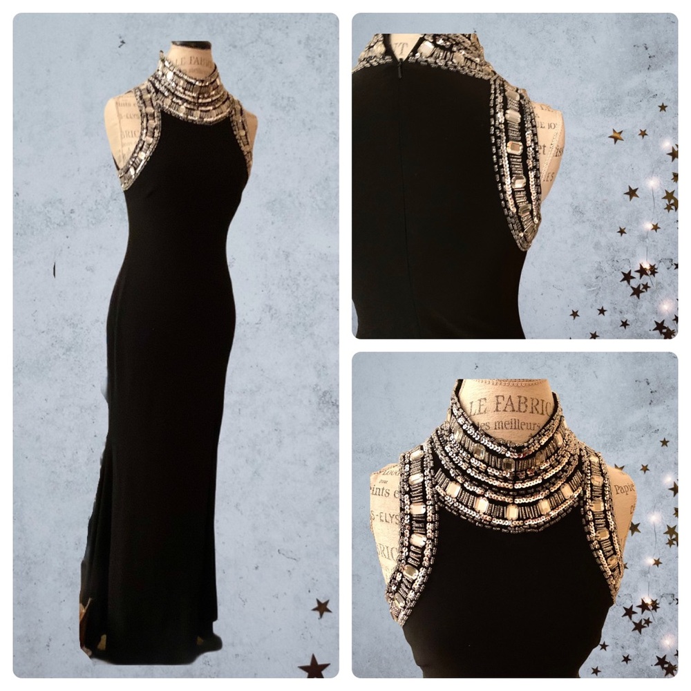 Aqua Black Mock Neck Beaded Sleeveless Gown Size 6